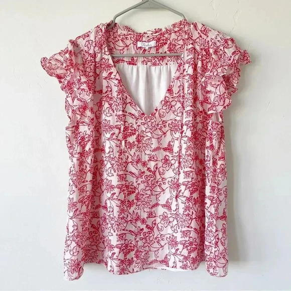 Parker Red and White Floral Exie Blouse Short Sleeve XL - Picture 2 of 11